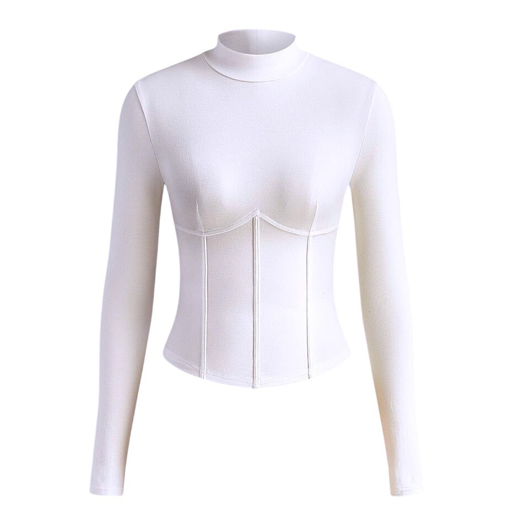 Commense Corset Top‎ Mock Neck Long Sleeve Ribbed Fitted Bodysuit White S - Picture 2 of 7